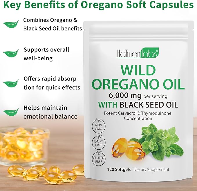 Oil of Oregano Softgels, 120 Count Oregano Oil Capsules, 165mg Carvacrol, 2 in 1 6000mg Oil of Oregano with Black Seed Oil 200mg, Oregano Oil Supplement Capsules