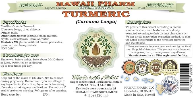 Turmeric Alcohol-Free Liquid Extract, Organic Turmeric (Curcuma Longa) Dried Rhizome Glycerite Natural Herbal Supplement, Hawaii Pharm, USA 2x32 fl.oz