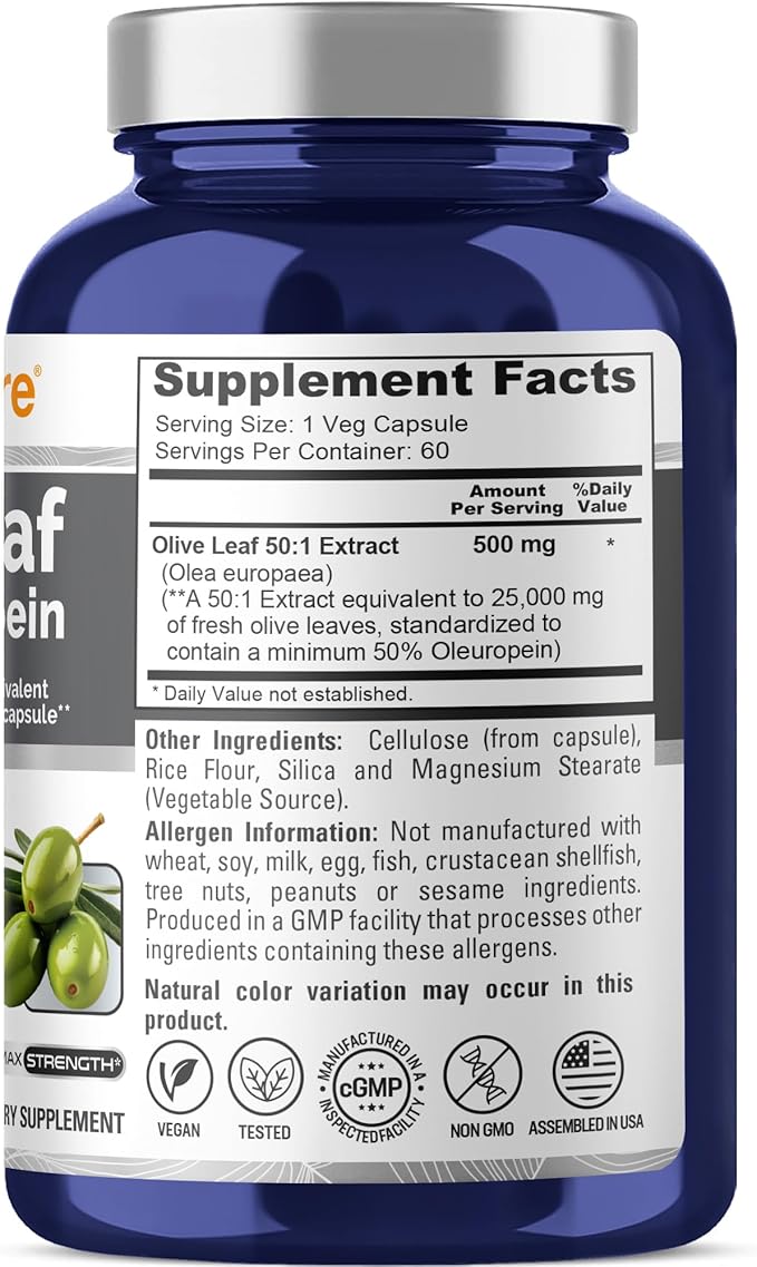 NusaPure Olive Leaf 50:1 Extract, 500 mg Equivalent to 25,000mg - 50% Oleuropein Vegan/Vegetarian - Super Strength No Oil 60 Capsules