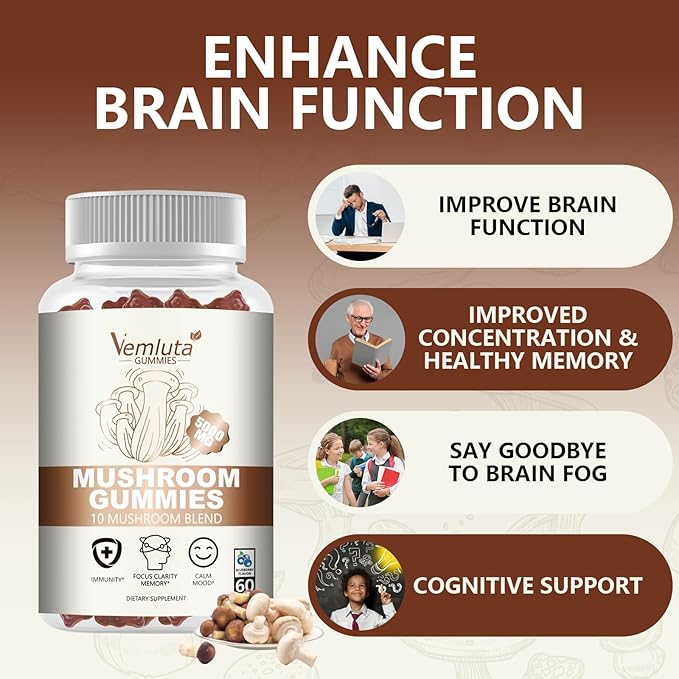 2 Packs 5000MG Mushroom Gummies -10 Blend Organic Mushroom Supplement containing Lion's Mane and Reishi for Brain and Immune Boosting, Vegan Blueberry Flavor, Non-GMO, 120 Counts