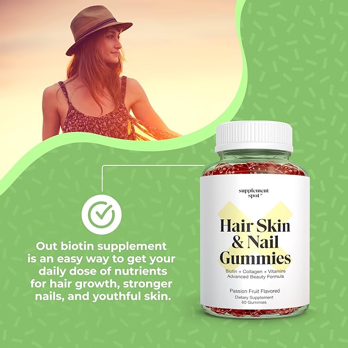 Hair Skin and Nails Vitamins, 6000 mcg Biotin Gummies w/Collagen, Passion Fruit Flavored Hair Vitamins, Gluten Free Collagen Supplements (60 Count)