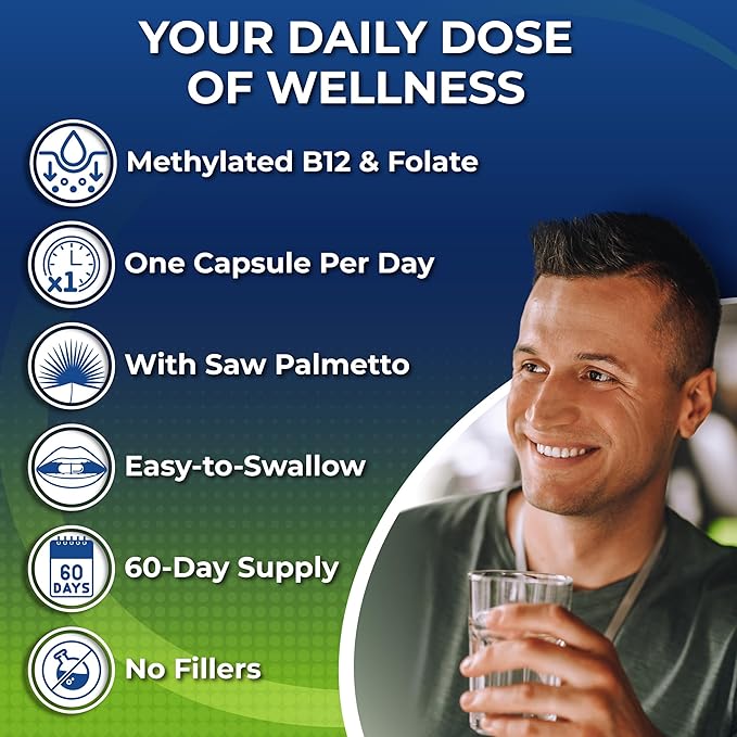 Men's Daily Multivitamin – Vegan Methylated Multivitamin for Men with Saw Palmetto, Biotin, Organic Superfoods, Probiotics & Enzymes – Energy, Gut & Optimal Health Support – Easy to Swallow Capsules