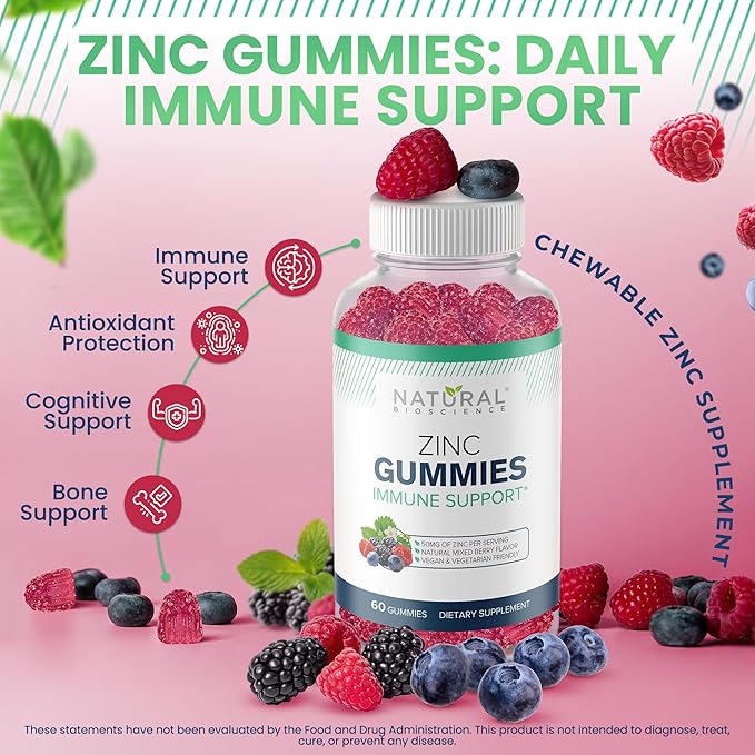 Zinc Gummies 50mg - Immune Support, Skin Health, Antioxidant, High Potency Daily Zinc Supplement for Adults, Chewable Zinc Citrate Gummies, Vegan, Gluten-Free, Non-GMO, 120 Gummies