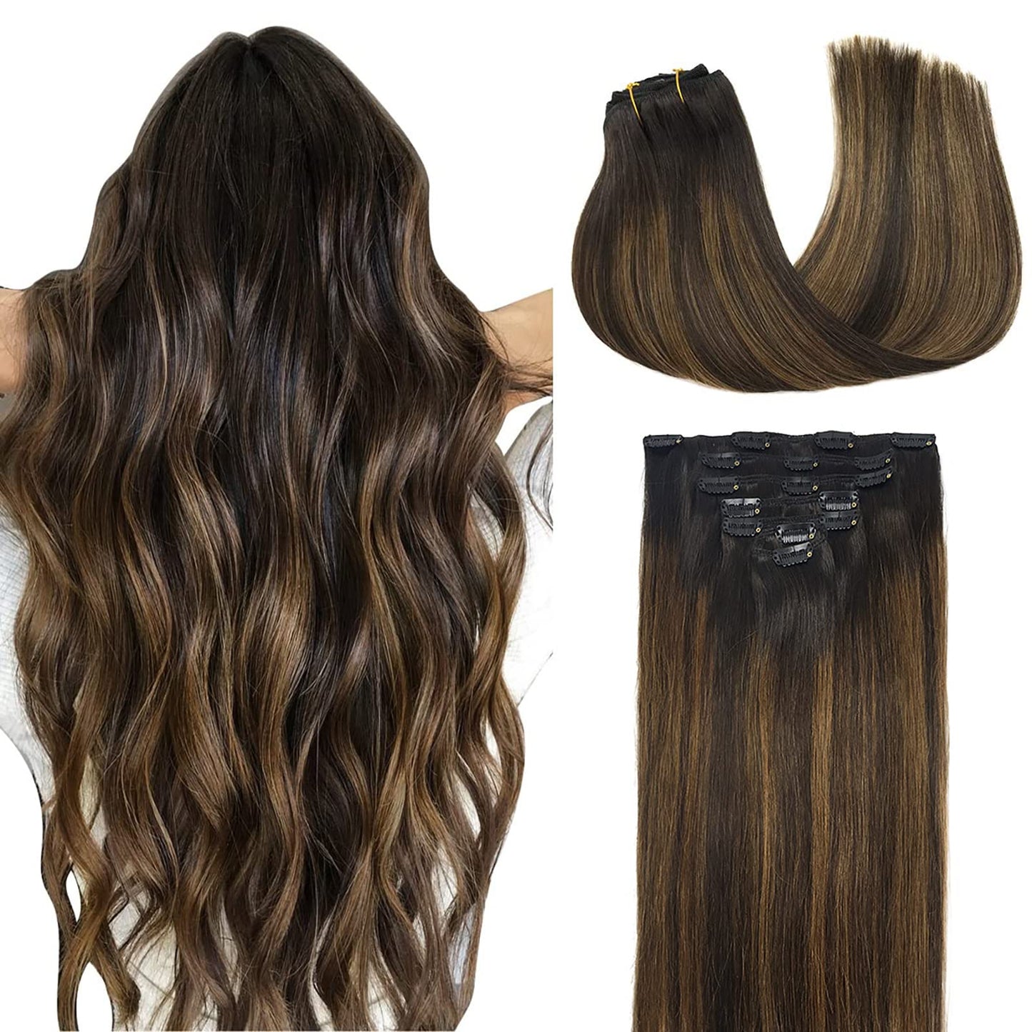 Doores Hair Extensions Clip In Human Hair Balayage Dark Brown To Chestnut Brown 14 Inch 7Pcs Clip In Hair Extensions Natural Rea