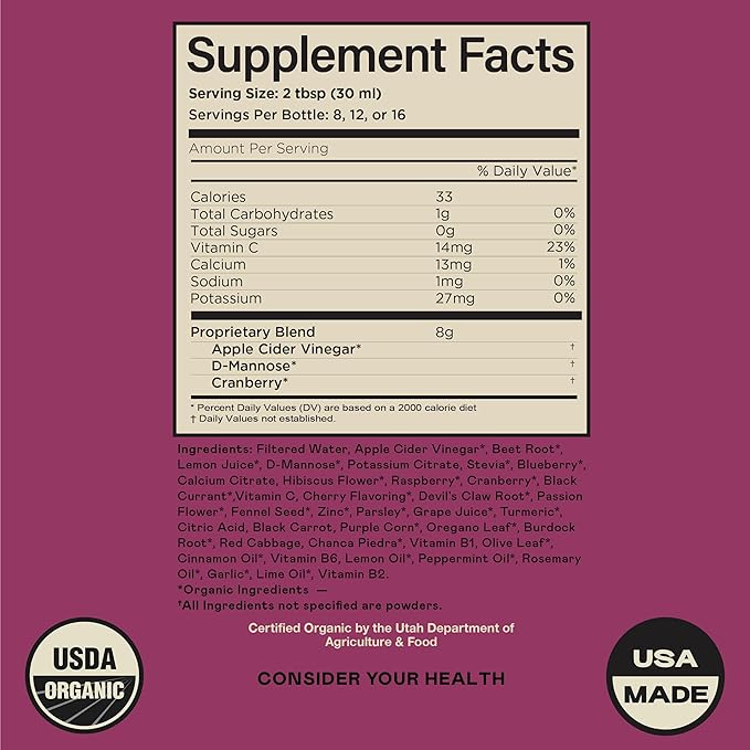 Complete Natural Urinary Tract Complete 8oz - Liquid Supplement for Urinary Tract Health with Organic Cranberry, D-Mannose, Beet Root, Fennel Seed, and Turmeric