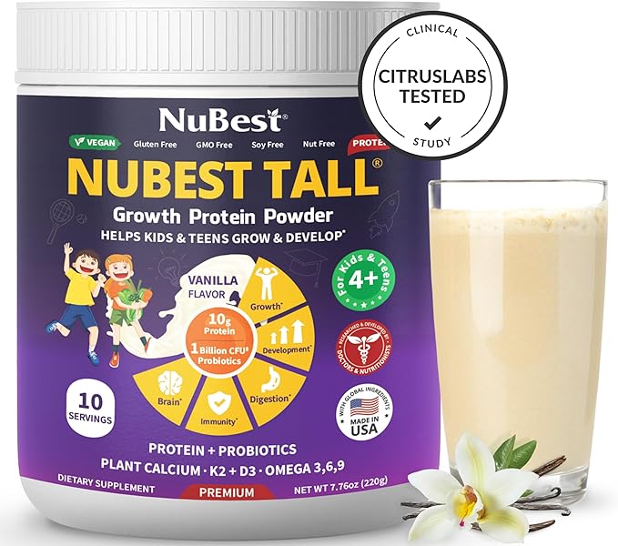NuBest Protein Powder - Vanilla Plant Based Protein - Vegan Protein Powder for Kids & Teens - Healthy & Immunity with Probiotics, Omega 3-6-9, Vitamin D3 + K2, Calcium & Vitamins - 10 Servings