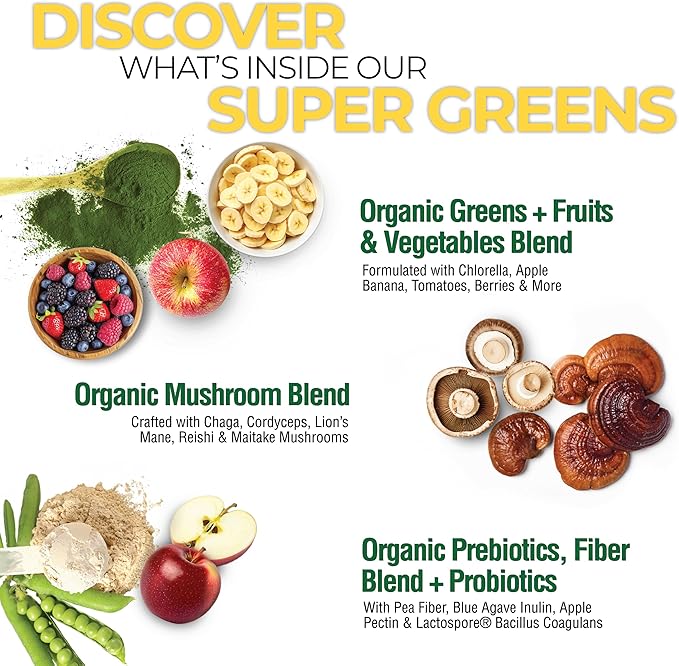 COUNTRY FARMS Organic Super Greens Apple Banana Flavor, 50 Organic Super Foods, Packed with Fiber, USDA Organic Drink Mix, Fruits, Vegetables, Mushrooms & Probiotics, Supports Energy, 5g Fiber