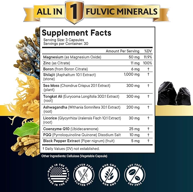 NEW AGE Shilajit Supplement with Sea Moss, Ashwagandha, Tongkat Ali, Boron, Magnesium - Fulvic Acid Capsules for Men - 90 Count