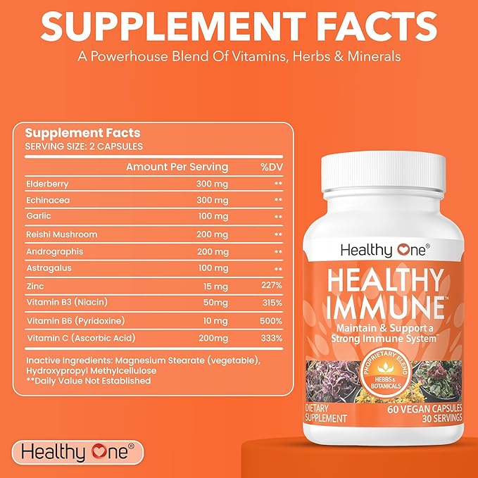 Healthy Immune - Boost Immune Response - Cold - Flu - Illness - Sickness - Virus - Antioxidants - Free Radicals - Builds Immunity - Elderberry - Echinacea - Vitamin C - Zinc - Garlic - 120 Count
