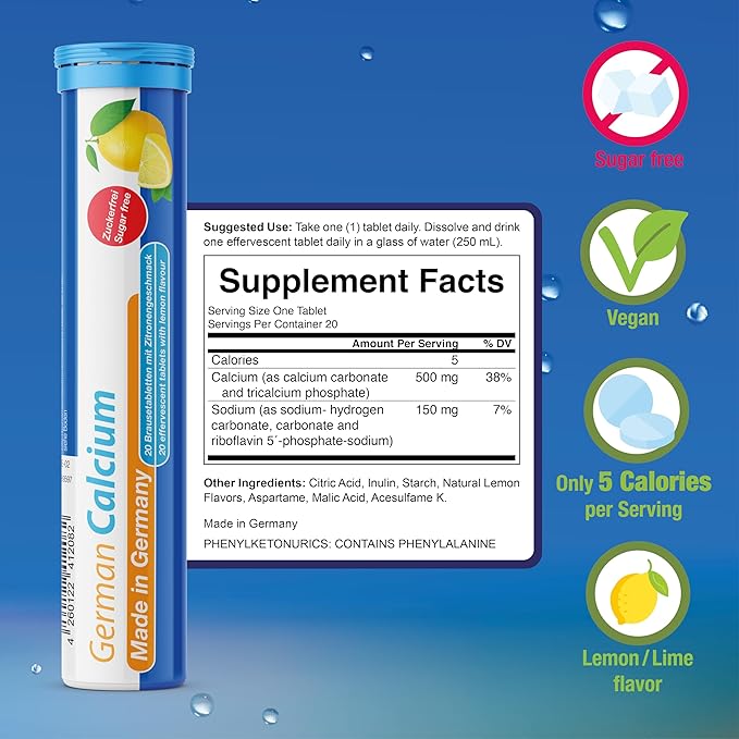 T&D German Calcium 500 mg - 40 Vegan Drink Effervescent Tablets - Lemon Lime Flavor - Made in Germany