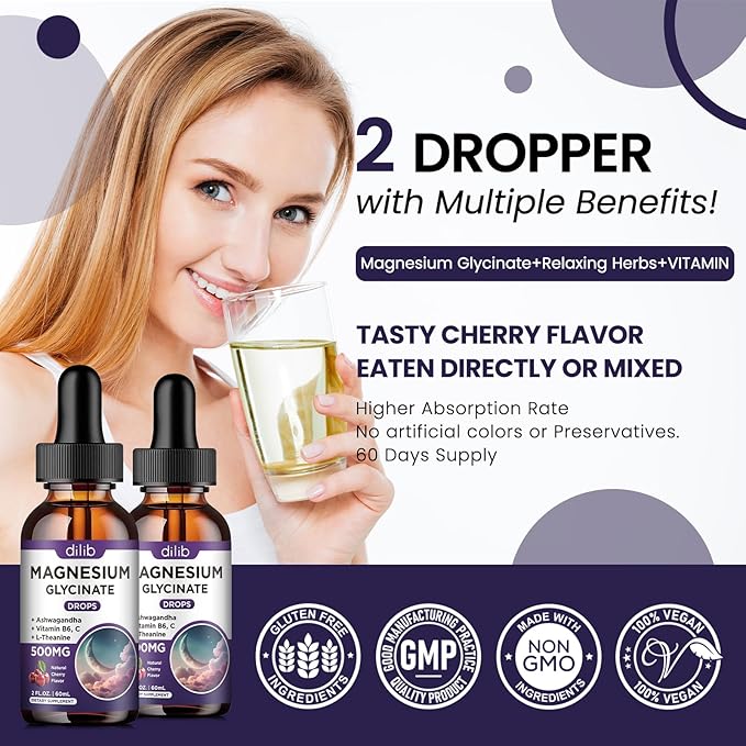 (2 Pack) Magnesium Glycinate Liquid Drops 500mg, with Vitamin B6, Ashwagandha, L - Theanine, Chamomile, Magnesium Glycinate Supplement High Absorption for Sleep, Stress, Energy Mood - Cherry Flavor