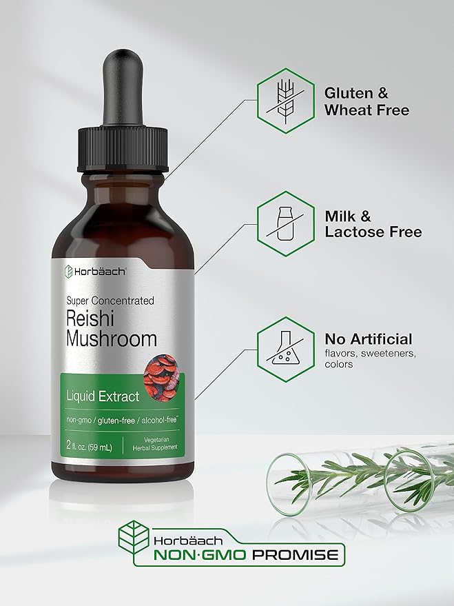Horbäach Reishi Mushroom Extract Tincture | 2 Fl Oz | Liquid Drops | Ganoderma Lucidum | Vegetarian, Alcohol Free | Non-GMO, Gluten Free Supplement