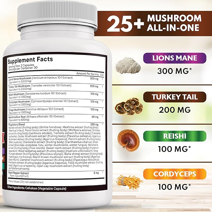 NEW AGE Lions Mane Mushroom Supplement with Turkey Tail Reishi Cordyceps Chaga with Marshmallow Root 180 Count