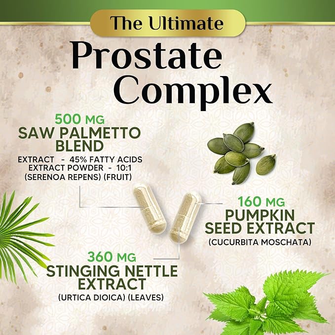 Saw Palmetto for Men Prostate Supplement - Potent 3X Formula with Stinging Nettle + Pumpkin Seed Extract for Men's Health, Herbal Prostate Supplement for Urinary Support, Bottled in USA, 60 Capsules