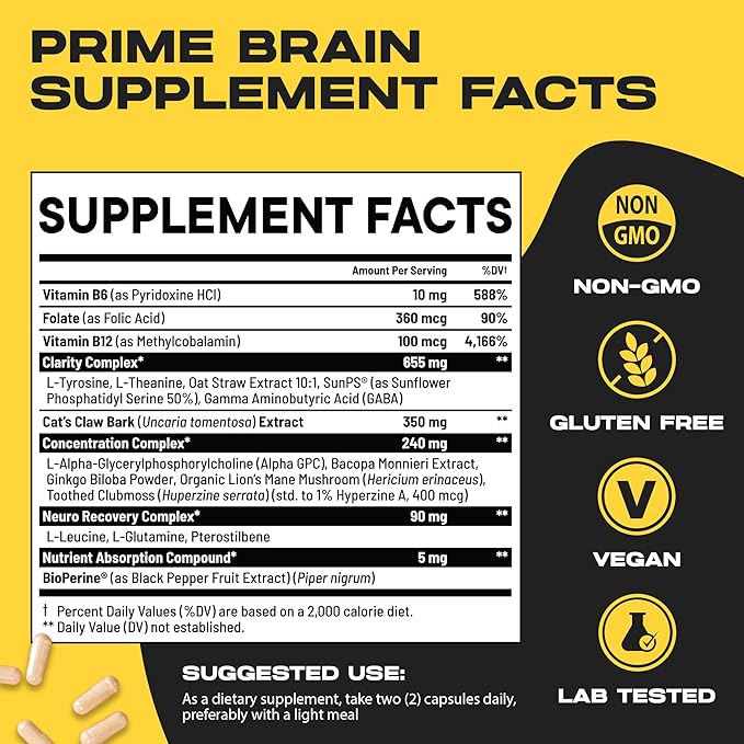 Prime Brain Nootropic Supplement | Supports Memory, Mental Focus, Cognitive Health & Energy | Promotes Healthy Mood & Brain Function | Ginkgo Biloba, Lion's Mane & L Theanine | 60 Capsules