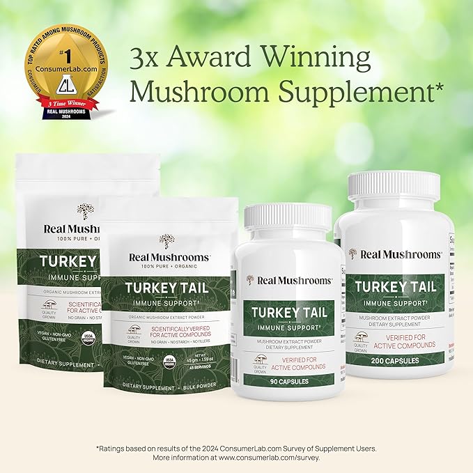 Real Mushrooms Turkey Tail Powder - Organic Mushroom Supplement with Potent Extract for Gut, Energy, Brain, Immune Support Vegan Powder, Non-GMO, 100 Servings