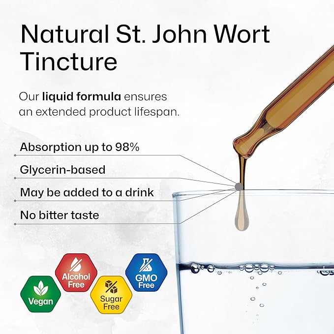 BIO KRAUTER St Johns Wort Tincture - Hypericum Perforatum Liquid Extract for Mood Support - High Absorption - St Johns Wort Alcohol Free Vegan Drops 4 Fl.Oz.