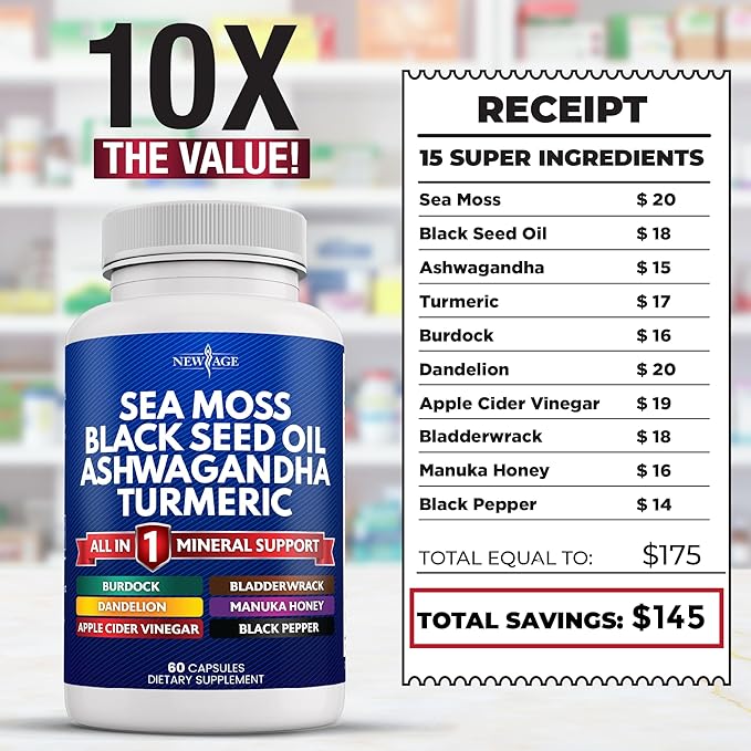 NEW AGE Silica Sea Moss, Black Seed Oil, Ashwagandha, Turmeric, Bladderwrack, Burdock - with Manuka, Honey Dandelion, ACV Black Pepper Gluten Free