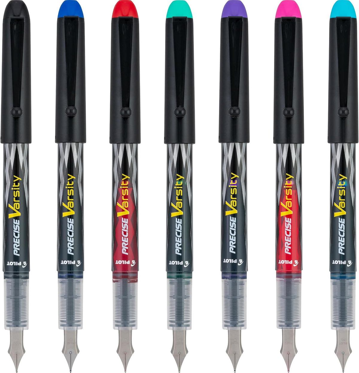 Pilot Precise Varsity Pre-Filled Fountain Pens for Writing, Medium Point Stainless Steel Nib, Black/Blue/Red/Pink/Green/Purple/Turquoise Ink, 1.0mm, 7-Pack