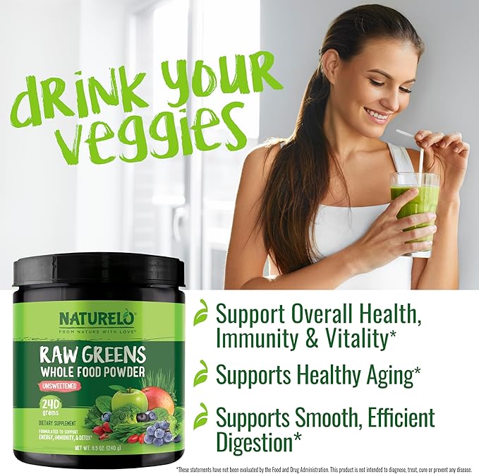 NATURELO Raw Greens Superfood Powder - Unsweetened - Boost Energy, Detox, Enhance Health - Organic Spirulina - Wheat Grass - Whole Food Nutrition from Fruits & Vegetables - 240 Grams
