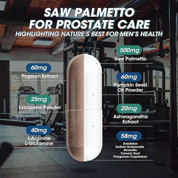 Saw Palmetto for Men 500mg - Prostate Support, Urinary & Hair Health Supplement with Pumpkin Seed Oill, Pygeum - Herbal Complex for Men's Wellness, Vegan Formula, 60 Capsules