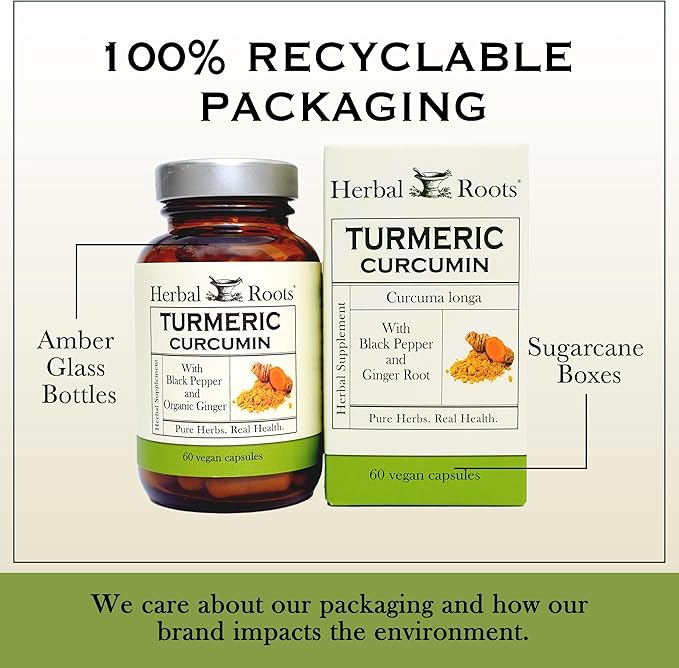 Herbal Roots - Turmeric Curcumin Capsules - Extra Strength - 1000mg Pure Organic Turmeric Supplement, 95% Standardized Curcumin Extract with BioPerine Pepper and Ginger