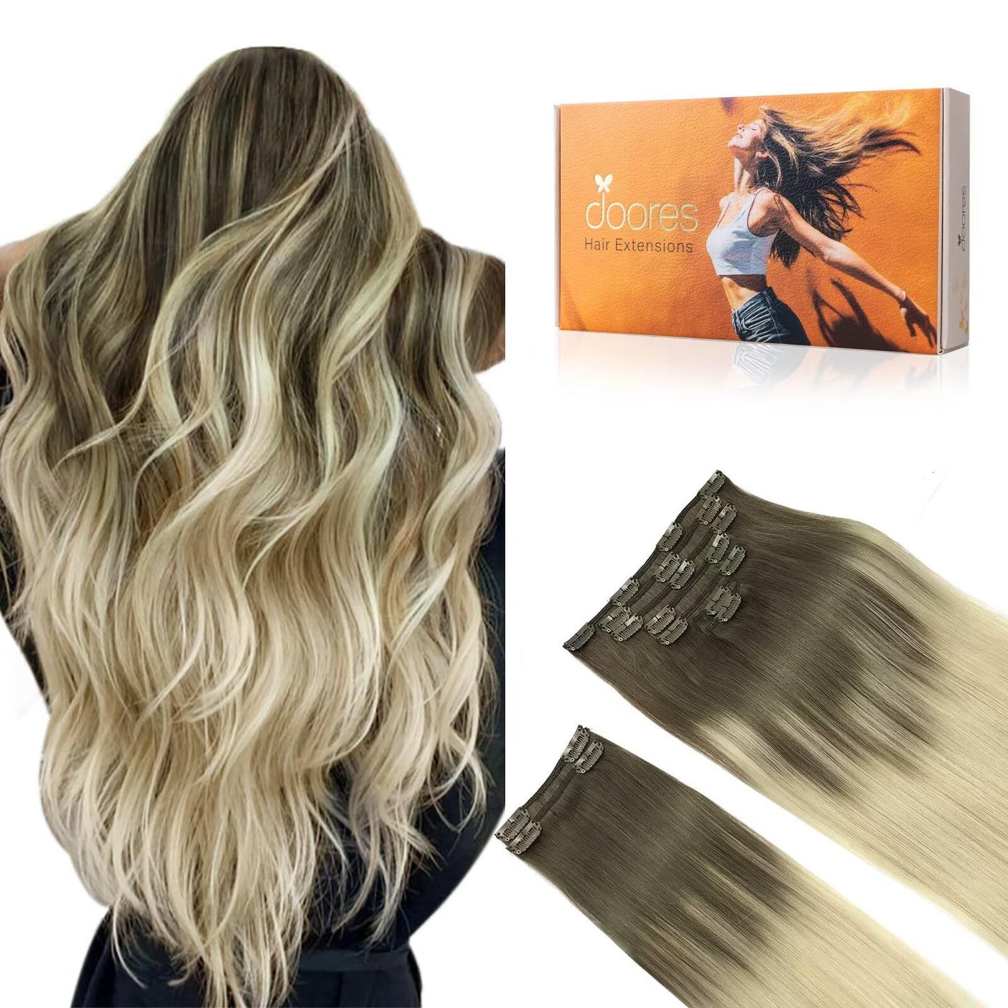 Doores Hair Extensions Real Human Hair, Ash Brown To Platinum Blonde 150G 9Pcs 18 Inch, Clip In Extensions Human Hair Natural Re