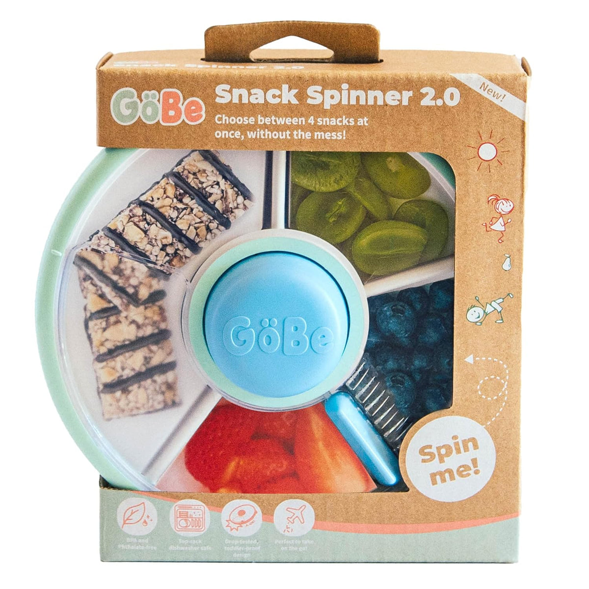 GoBe Kids Small Snack Spinner Slide, 4 Compartment Dispenser and Lid | Reusable Snack Container, Lid, BPA/PVC Free, Dishwasher Safe, No Spill, Travel Accessories, Bento Container, Twinberry