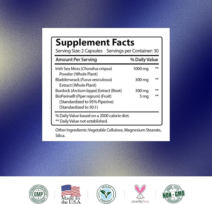Research Verified Irish Sea Moss - Bladderwrack, Burdock, BioPerine - Rich in Prebiotics - Boost Immunity, Aid Digestion - 360 Capsules - Vegan - Made in The USA