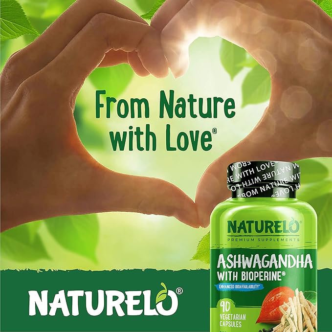 NATURELO Ashwagandha Organic Root Powder - Natural Herbs Supplement for Fatigue, Stress Relief, Mood Enhancer - with Black Pepper Extract - 90 Vegan Capsules