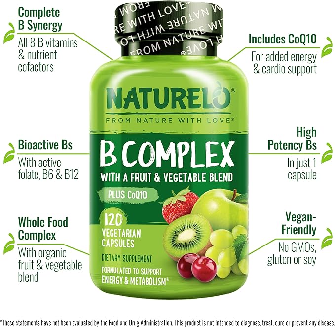 NATURELO Vitamin B Complex with Methyl B12, Methyl Folate, Vitamin B6, Biotin Plus Choline, CoQ10, and Fruit & Vegetable Blend - Supports Energy & Healthy Stress Response - Vegan - 120 Capsules