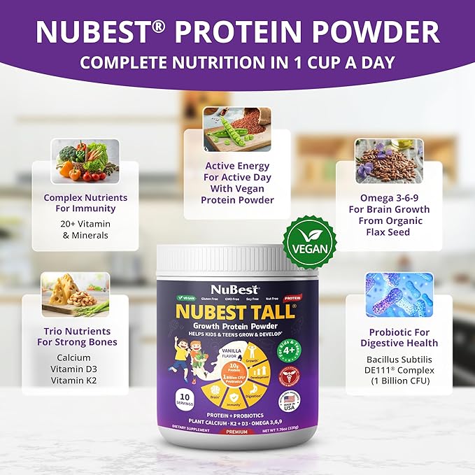 NuBest Tall Protein Powder for Kids & Teens - Vegan Vanilla Protein Powder Shake with Organic Red Algae Calcium, Probiotics, Omega 3-6-9, Vitamin D3 + K2 & Magnesium from Marine Algae - Pack 2