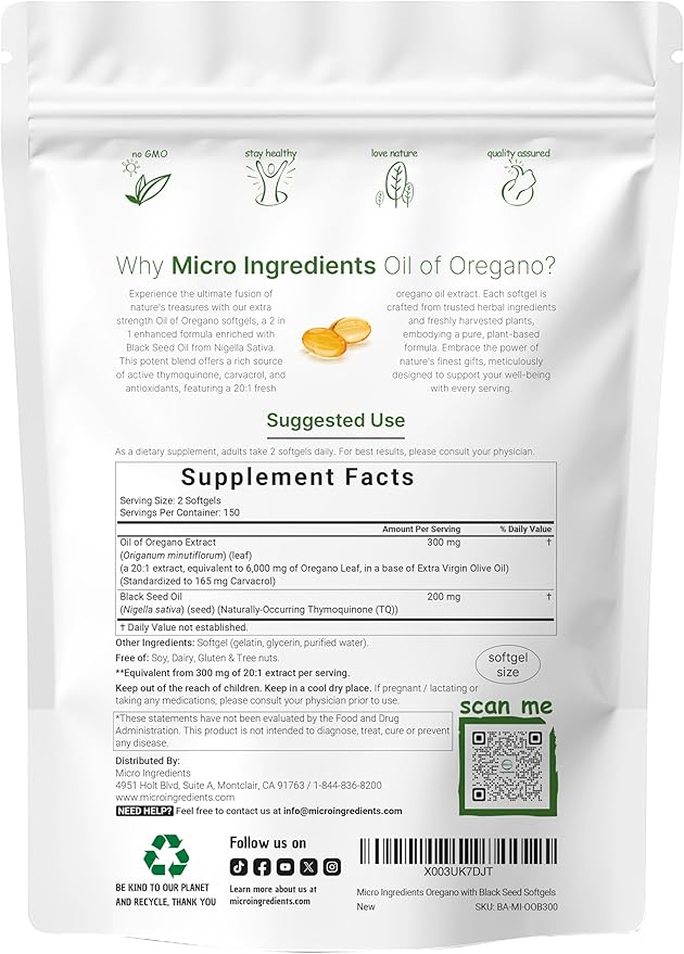 Micro Ingredients Oil of Oregano Softgels 6,000mg Per Serving & Magnesium Oxide 400mg Bundle Pack | 4X Strength Carvacrol & Thymoquinon | Elemental Form for Max Concentration