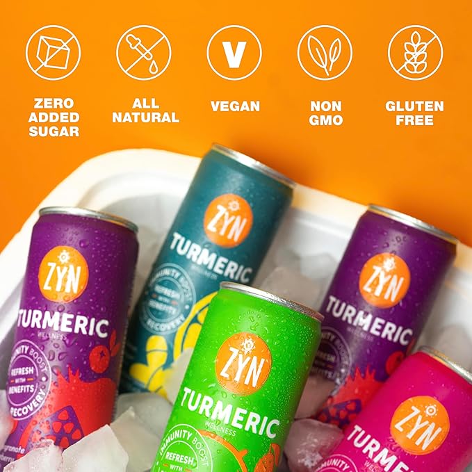 ZYN Turmeric Wellness Drink, Flavored Turmeric Drink, Turmeric Curcumin with Black Pepper, Low Calorie Healthy Energy Drink, Clean, Vegan Soda Alternative for Vitality, Variety Pack of 24