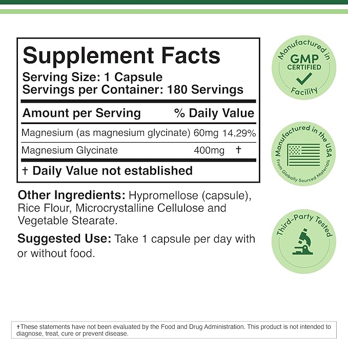 Magnesium Glycinate 400mg, 180 Capsules (Vegan Safe, Third Party Tested, Gluten Free, Non-GMO) High Absorption Magnesium by Double Wood Supplements