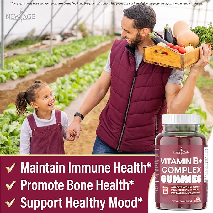 NEW AGE Vitamin B Complex Gummies with Vitamin B3, B5, B6, B7, B9 & B12 – with Biotin, Folic Acid & Vitamin C – Gluten-Free, Vegan, Made in The USA! (60 Count (Pack of 1))