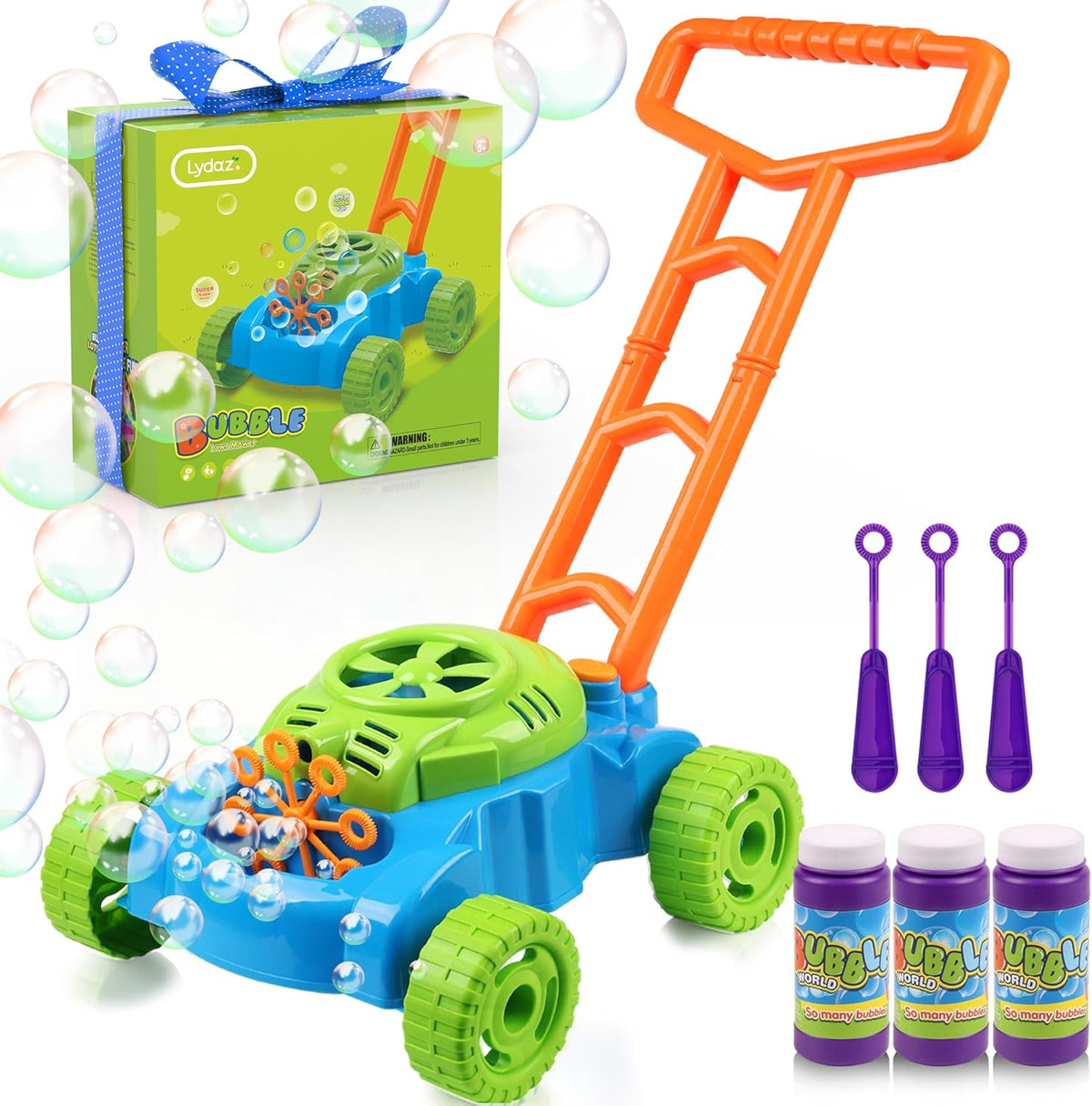 Lydaz Bubble Lawn Mower for Toddlers 18" Push Mower with Realistic Sounds and Bubble Maker for Indoor and Outdoor Play