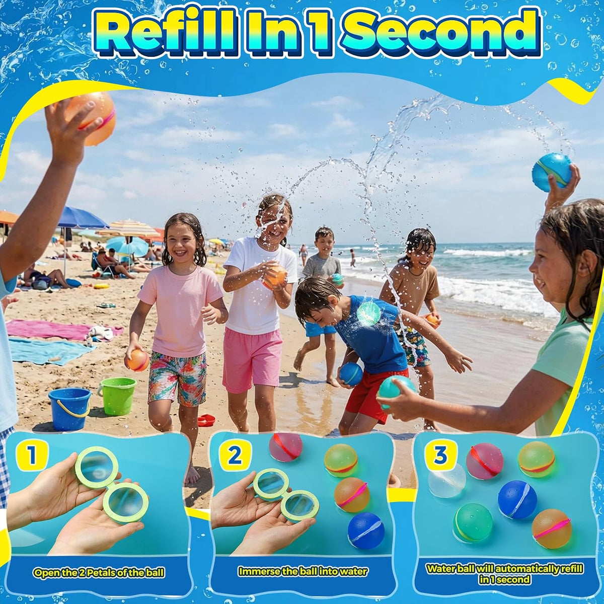 12 Pcs Reusable Water Balloons, Self-Sealing Refillable Water Balls, Pool Toys for Kids Ages 4-14, Pool Beach & Outdoor Water Ballons