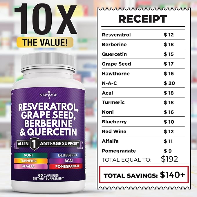 NEW AGE Resveratrol, Berberine, Grape Seed Extract, Quercetin - Polyphenol Supplement for Women and Men with Noni Extract, N-Acetyl Cysteine, Acai Extract - 60 Capsules