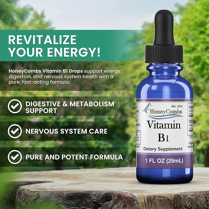 HoneyCombs Vitamin B1 Supplement (Thiamine) Liquid Drops - High Potency Thiamine B1 Supplement for Men & Women - Maintain Nervous System, Energy & Overall Health - Vegan Liquid B Vitamins (8 Fl oz)