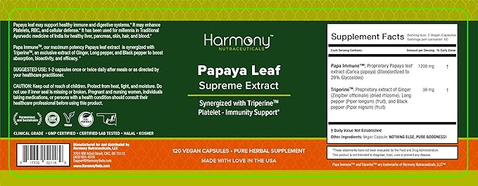 Harmony Nutraceuticals Papaya Leaf Supreme Extract Highest Potency Maximum Bioactivity Organic Dr. Gumman's Clinical Grade 120 Vegan Capsules Synergized with Triperine