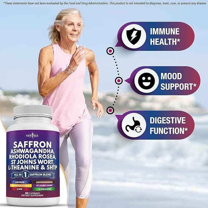 NEW AGE Saffron Supplements with Ashwagandha - Support with L-Theanine, Ginkgo Biloba, St. John's Wort, Rhodiola Rosea & 5-HTP - Saffron 120 Count