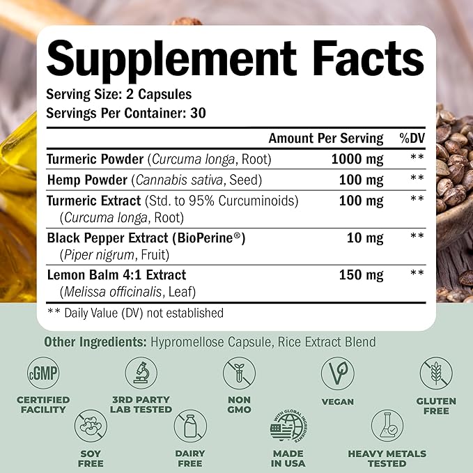 Turmeric Supplement and Hemp Capsules - Turmeric Curcumin with Black Pepper (Bioperine) for Joint, Sleep & Mood Support. Joint Supplements for Women & Men with Tumeric, Hemp & Lemon Balm. 60 Capsules