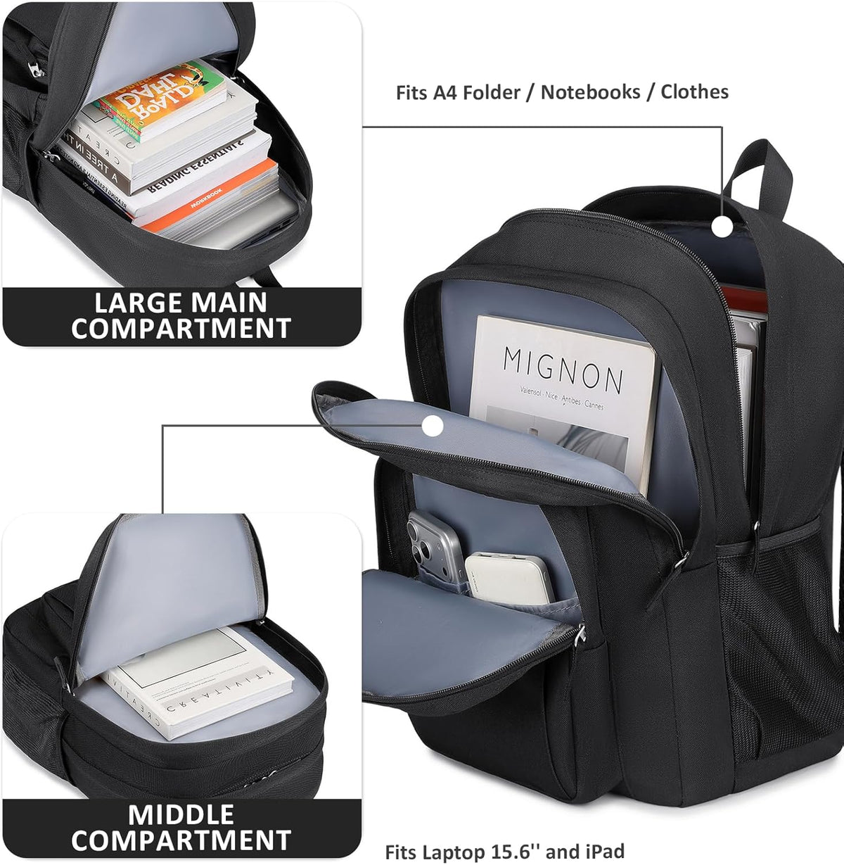 abshoo Classical Basic Womens Travel Backpack For College Men Water Resistant Bookbag (Black)