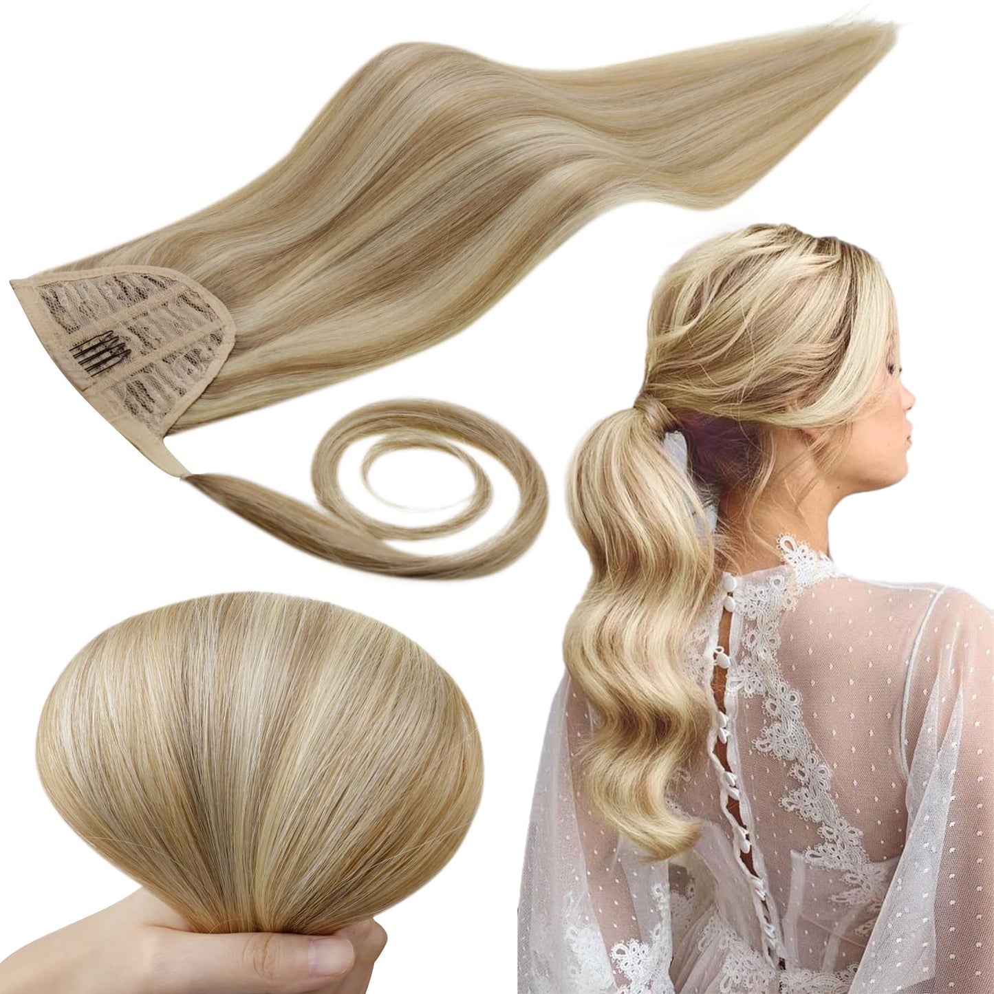Runature Human Hair Ponytail Extension Golden Blonde 14 Inch Ponytail Extensions Human Hair Light Blonde Highlighted Wrap Around