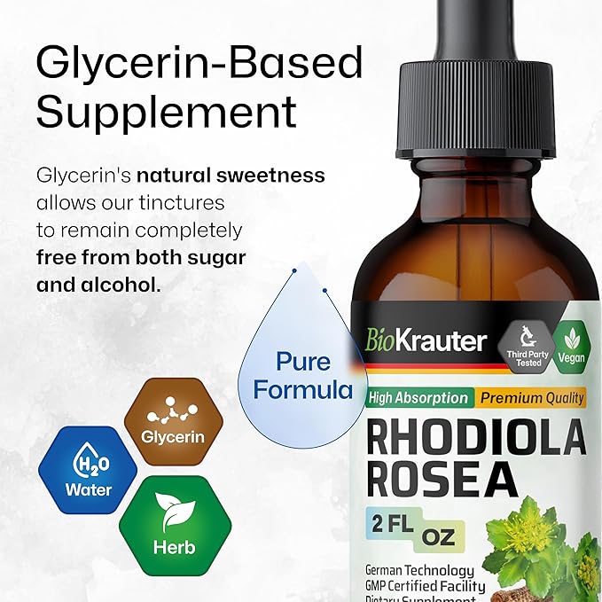 BIO KRAUTER Rhodiola Rosea Supplement Liquid - Pure Rhodiola Rosea Tincture - Vegan Calmness Support - Alcohol & Sugar Free Extract 2 Fl.Oz.