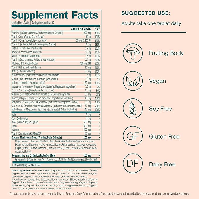 True Grace One Daily Women’s Multivitamin 40+ Fermented Minerals, Organic Adaptogens & Mushrooms Energy, Immune, Bone Support - Non-GMO - Iron, Gluten & Soy Free - 30 Vegan Tablets