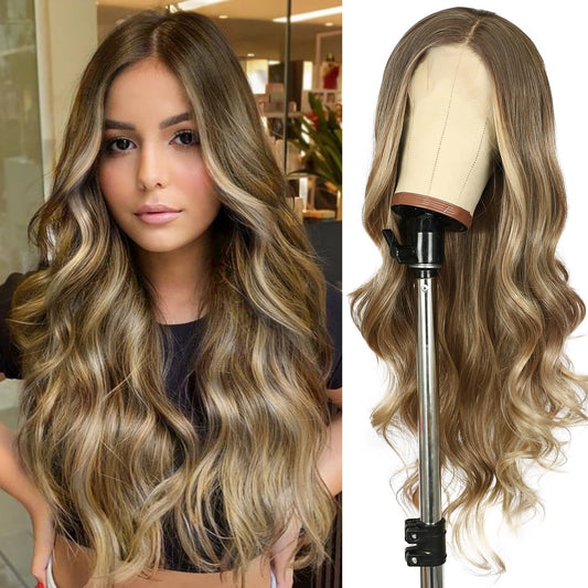 Sapphirewigs Brown Lace Front Wigs Long Body Wave Pre-Plucked Hairline Brown Wig With Ash Blonde Tips Synthetic Wigs For Women H