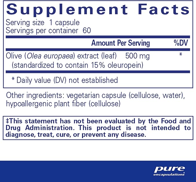 Pure Encapsulations Olive Leaf Extract | Hypoallergenic Supplement Supports Immune System and Healthy Intestinal Environment | 60 Capsules
