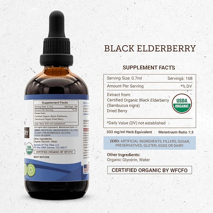 Black Elderberry USDA Organic Tincture | Alcohol-FREE Extract, High-Potency Herbal Drops, Immune System Health | Made from 100% Certified Organic Black Elderberry (Sambucus Nigra) 4 oz